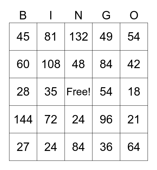 Multiplication Bingo Card