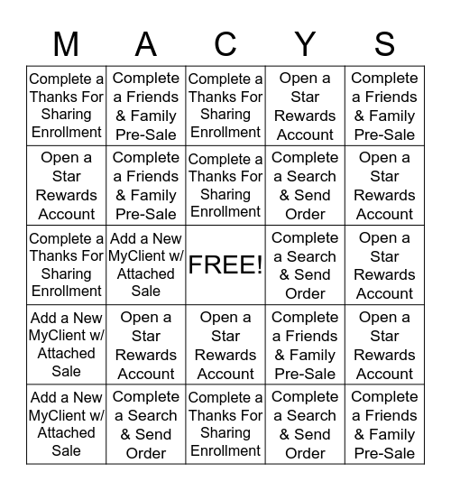 Macy's Associate BINGO Card