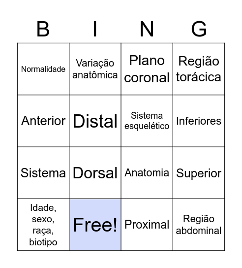 Nomenclatura anatômica e termos de direção Bingo Card