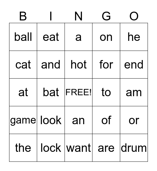 Sight Word Bingo Card