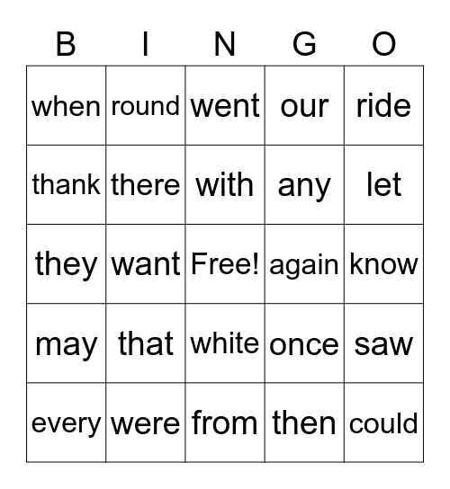 Sight Word Bingo Card