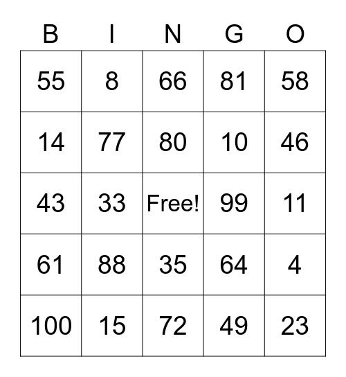 Numbers up to 100 Bingo Card