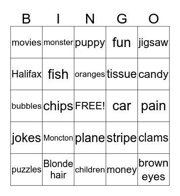 Favorite Things Bingo Card