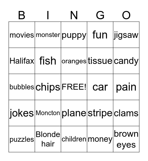 Favorite Things Bingo Card