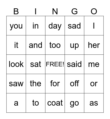 Sight Words Bingo Card