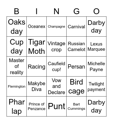 Melbourne Cup Bingo Card