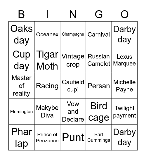 Melbourne Cup Bingo Card