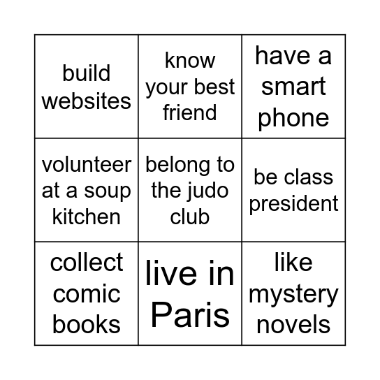 Experiences Bingo Card