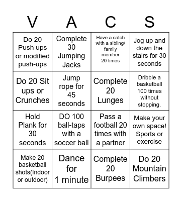 Fitness Bingo Card