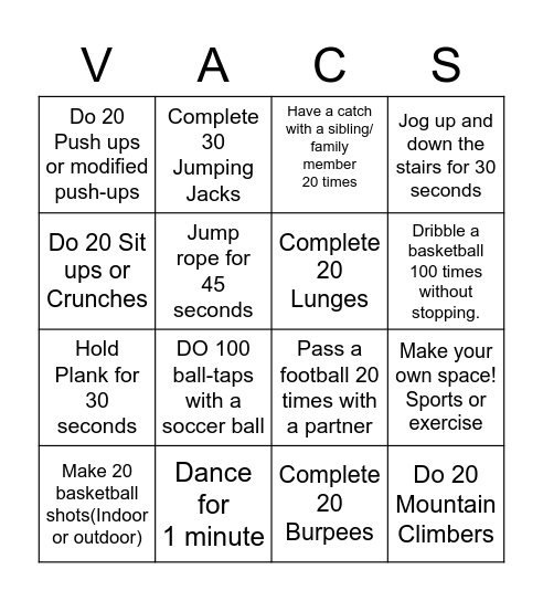 Fitness Bingo Card