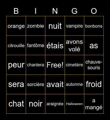 Halloween en français Bingo Card