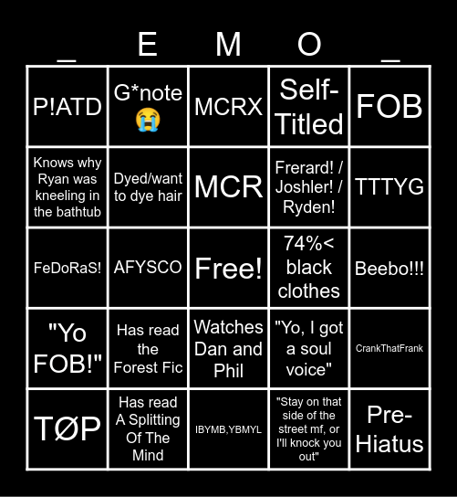 Emo Quartet Bingo Card