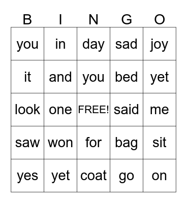 Sight Words Bingo Card