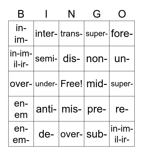 Greek & Latin Pre-fix Bingo Card