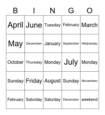 Months of the Year & Days of the Week Bingo Card