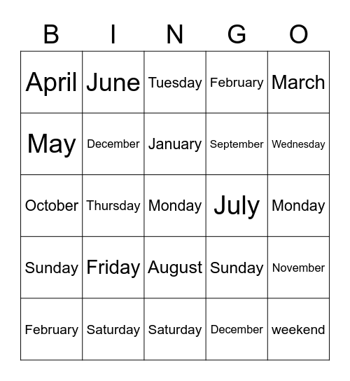 Months of the Year & Days of the Week Bingo Card