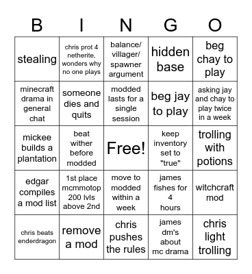 PeaBrain Minecraft Bingo Card