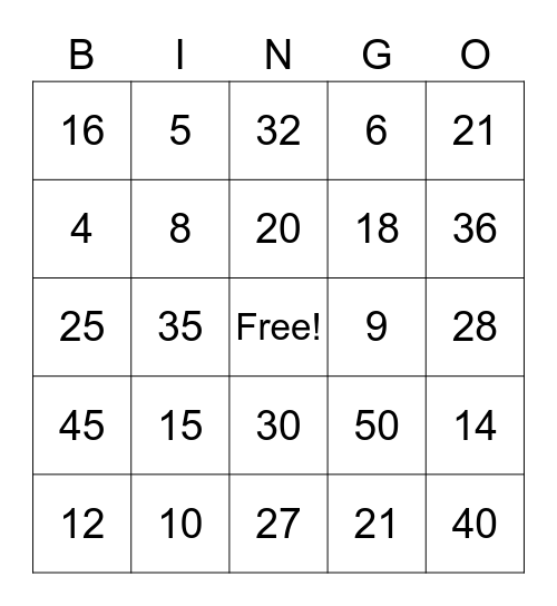 Multiplication 1 -5 Bingo Card