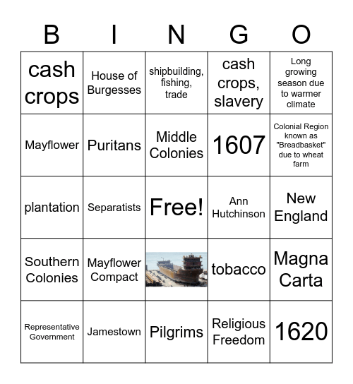 UNIT 2: Colonization Bingo Card