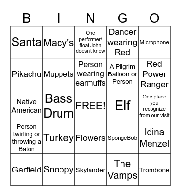 Thanksgiving Day Parade Bingo Card