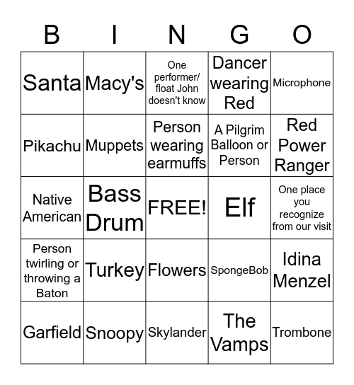 Thanksgiving Day Parade Bingo Card