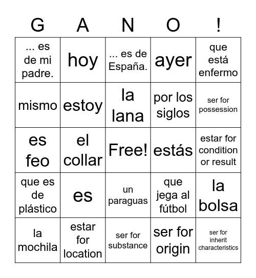 GANO! Bingo Card