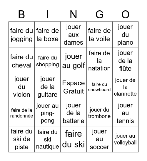 Mes activités préférées! Bingo Card