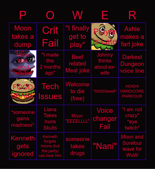 The Myriad Episode 2 "The power Pus Boys" Bingo Card