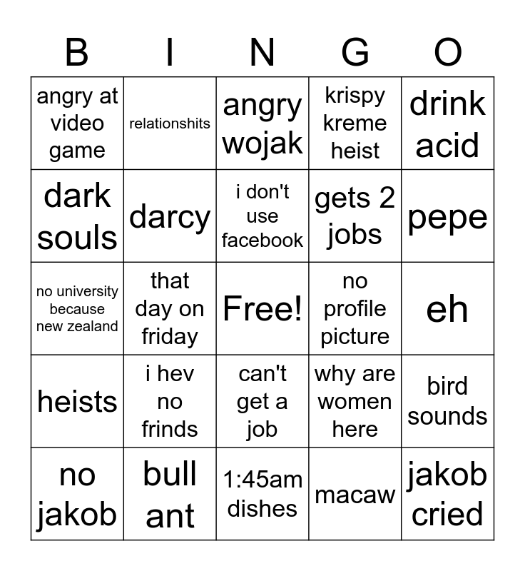 jakon Bingo Card