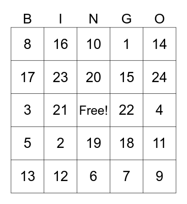 Number Bingo Card