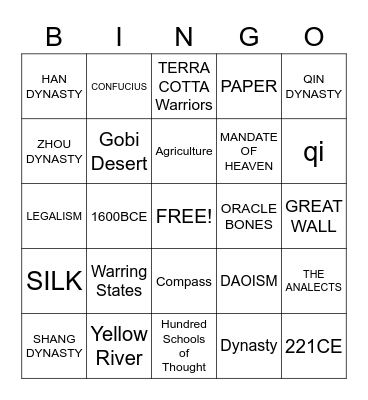 ANCIENT CHINA Bingo Card
