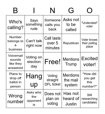 Justin Stofferahn Phone Bank Bingo Card