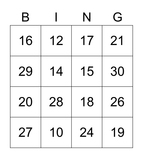 Numbers in French Bingo Card