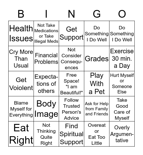 COPING SKILLS BINGO! Bingo Card