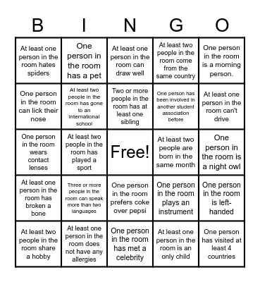 Get to know each other Bingo Card