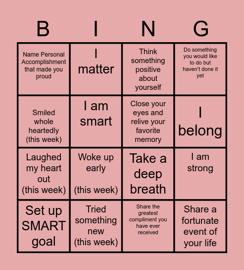 SELF ESTEEM Bingo Card