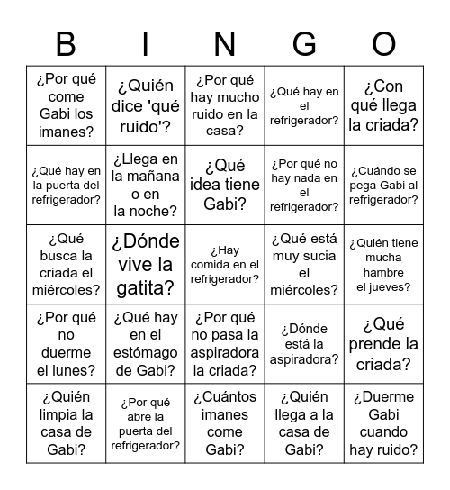 Gabi 1-5 preguntas Bingo Card