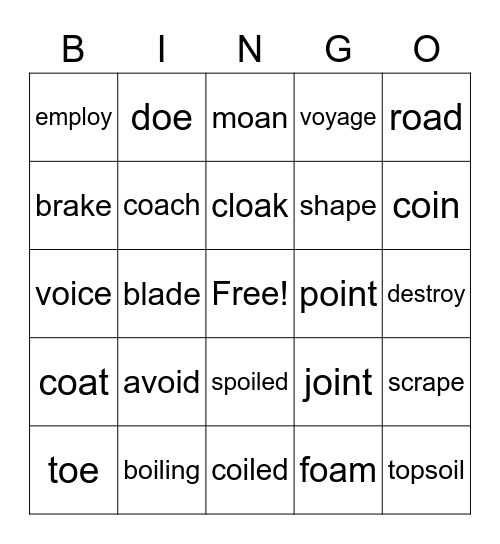oi, oy, oa, oe Bingo Card
