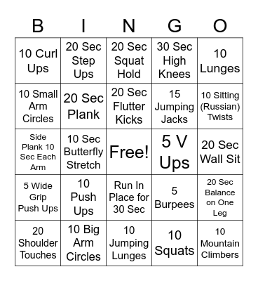Fitness Bingo Card