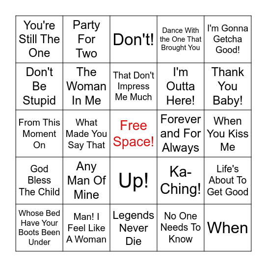 Shania Twain Bingo Card
