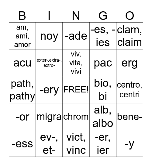 Prefix, Suffix, roots Bingo Card