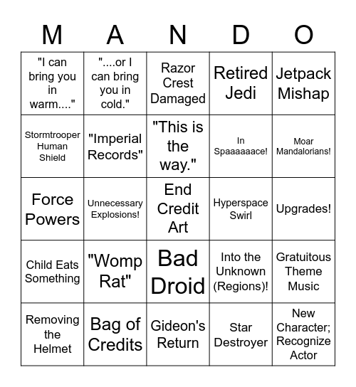 The Mandalorian: Chapter 10 Bingo Card