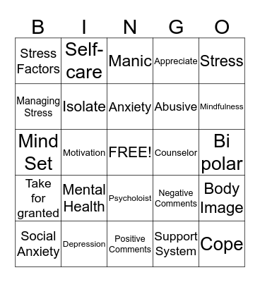 Mental Health Bingo Card