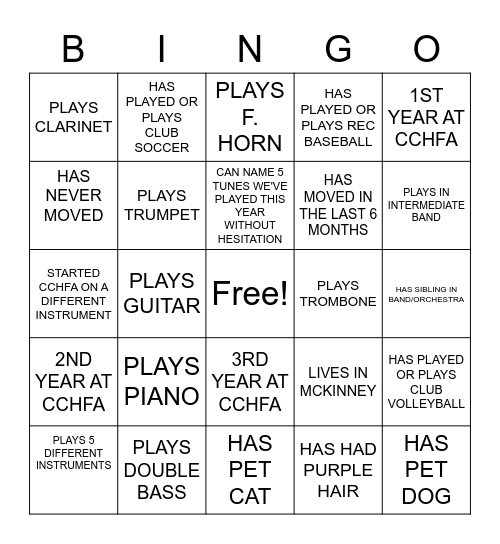 CCHFA JAZZ BINGO Card