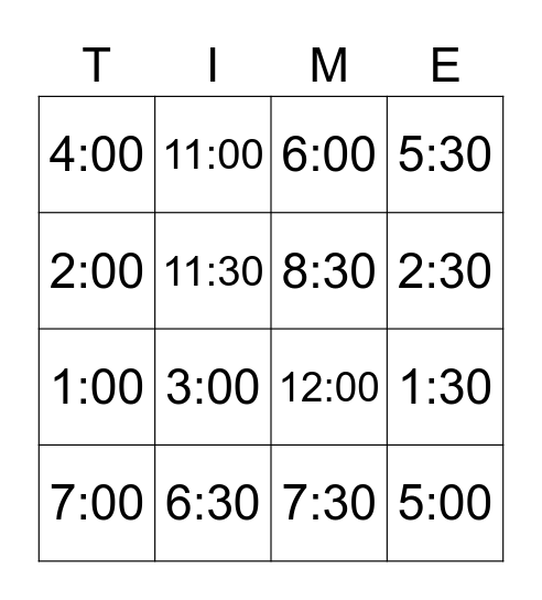 Let's Tell the Time! Bingo Card