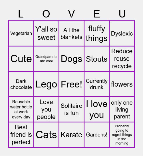 I love you Bingo Card