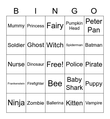 Halloween Costume BINGO Card