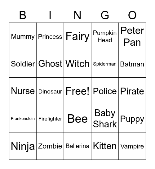 Halloween Costume BINGO Card