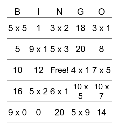 Multiplication Bingo Card