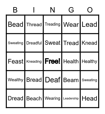 Short E Spelled EA and Long E Spelled EA Bingo Card